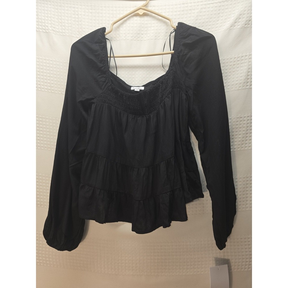 Love Fire Blouse Size S Black Square Neck Peasant Long Sleeve Sheer Sleeve 7029